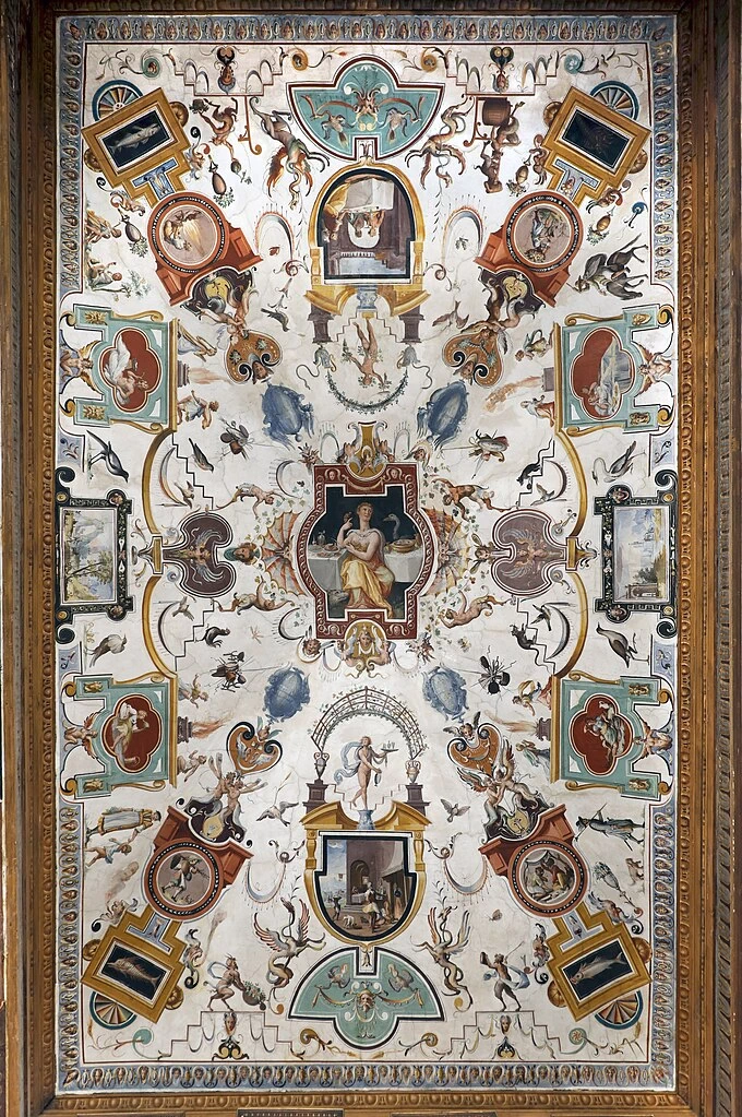 323-grottesche della volta del corridoio di levante. La Gola, Ganimede, Bacco - Galleria degli Uffizi, Firenze